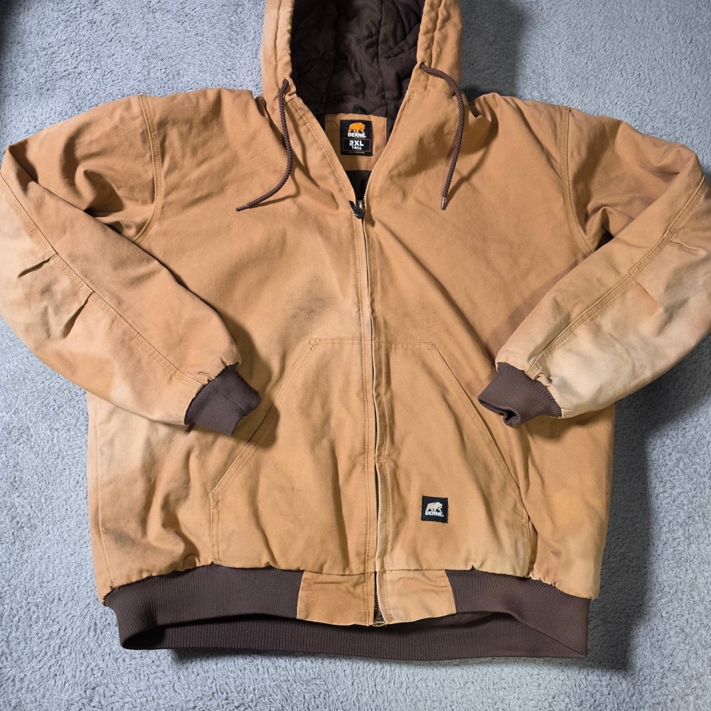Berne Mens 2XL Tall Work Jacket Brown Canvas Quilted Hooded Full Zip Heavyweight